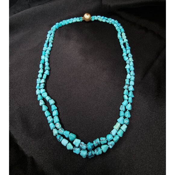 Vintage 14K Solid Gold Genuine Turquoise Two-Strand Necklace With Shell Clasp - Picture 3 of 5